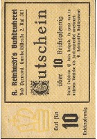 10 Reichspfennig A. Reinhardt, Bad Pyrmont A. Reinhardt's Buchdruckerei Pyrmont Serienschein reverssmall.jpg